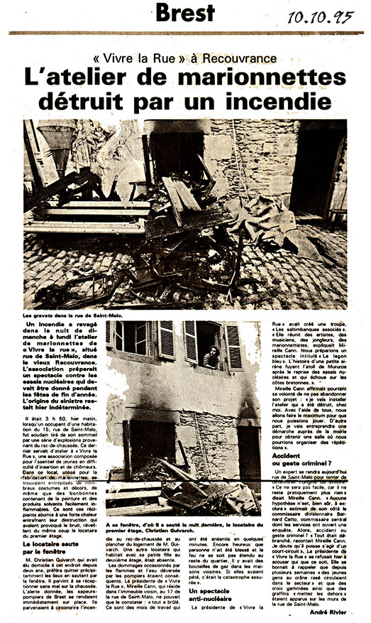 Incendie criminel au 15 rue St Malo le 9/10/1995-Article de presse